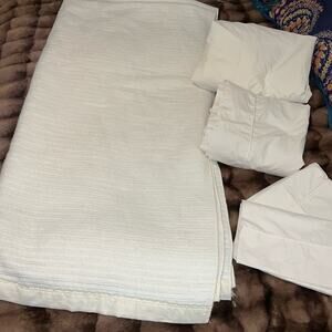 Vintage Full Size Satin Trim Waffle Weave Blanket + Sheet Set Ivory Made in USA
